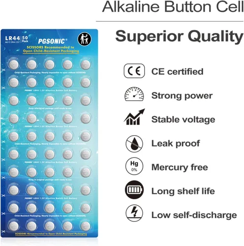 Miniatura 8 de PGSONIC Paquete de 50 baterías LR44, pilas de botón alcalinas de 1.5 voltios con potencia de larga duración
