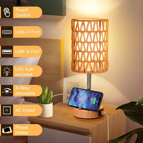 Miniatura 3 de Lámparas de mesa de ratán para sala de estar, lámparas táctiles regulables de 3 vías, lámparas de noche pequeñas con bombillas LED, soporte