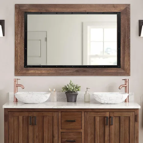 Miniatura 12 de YOSHOOT Espejo de pared con marco de madera rústica, 32 x 24 pulgadas, espejo de tocador de baño de madera natural y hierro para decoración