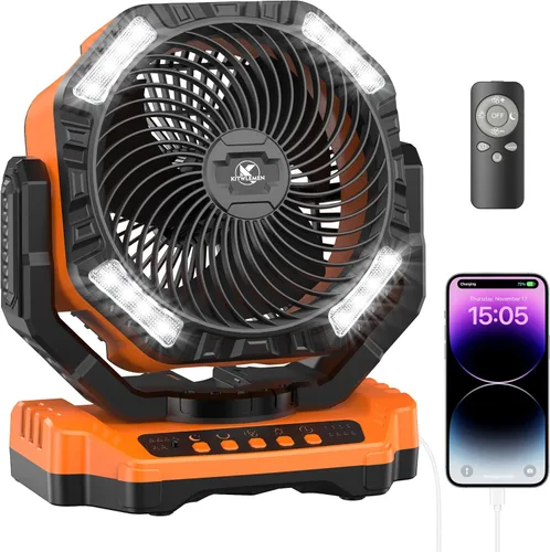 Miniatura 7 de KITWLEMEN - Ventilador de campamento alimentado por batería de 20 000 mAh, refrigeración máxima de 58 horas, 4 velocidades, luz brillante y gancho