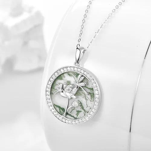 Miniatura 2 de TANGPOET Sterling Silver Lotus Flower Frog Dragonfly Necklaces Natural Green Moss Agate Pendant Jewelry Gifts for Women Teen Girls with 18"+2" Chain