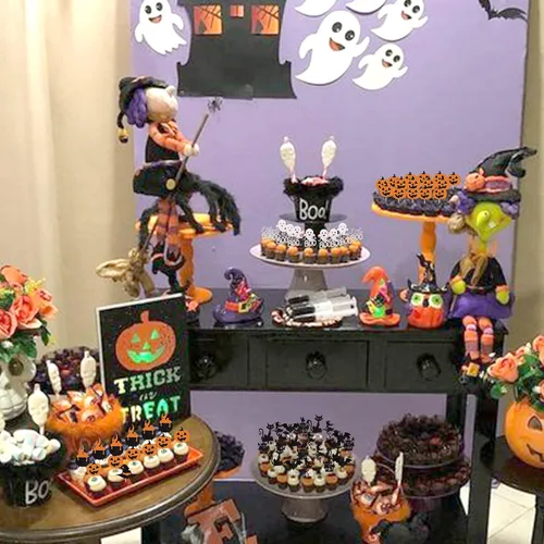 Miniatura 4 de Rsstarxi Paquete de 36 adornos para cupcakes de Halloween, murciélagos con purpurina, palitos de calabaza y calabazas, sombrero de bruja
