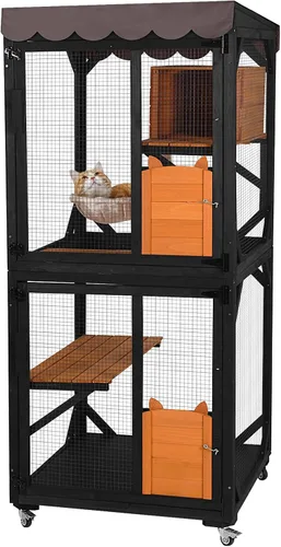 Miniatura 8 de Aivituvin Catio - Jaula de madera para gatos al aire libre con acceso a ventana, casa grande para gatitos sobre ruedas, 62.4 pulgadas, patio