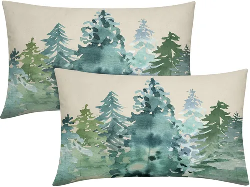 Miniatura 12 de Juego de 2 fundas de almohada de árbol azul verde acuarela de 22 x 22 pulgadas, estilo rústico, estampado de bosque natural, almohadas decorativas