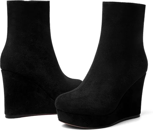 Miniatura 6 de AMBELIGHT Botas de cuña de gamuza con punta redonda para mujer, con cremallera, plataforma de moda, tacón alto, 4 pulgadas