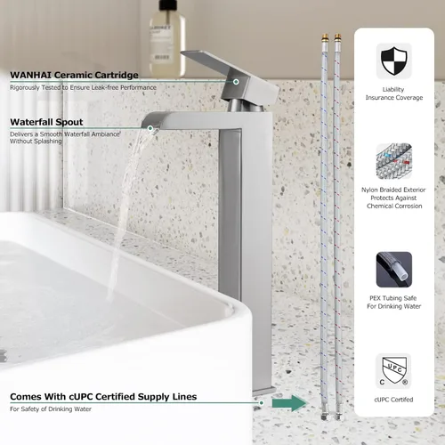 Miniatura 2 de PARLOS 1441102D - Grifo mezclador de lavabo de baño de una sola manija, con línea de suministro de agua, níquel cepillado, 1441102D