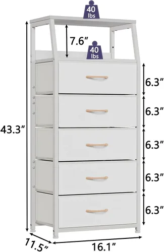Miniatura 3 de Furnulem Cómoda blanca con cajones, cómoda vertical de tela para dormitorio, pasillo, entrada, guardería, organizador de armario, mesita de noche