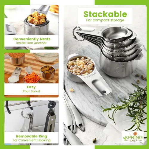 Miniatura 7 de Spring Chef Juego de 7 tazas medidoras de acero inoxidable con boquilla de vertido, herramientas de cocina anidables con marcas de fácil lectura
