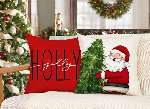 Miniatura 4 de 4TH Emotion Fundas de Almohada Rojas de Navidad 16x16 pulgadas Juego de 4 Decoraciones Estilo Granja Muñeco de Nieve Corona Santa Claus Árbol Feliz
