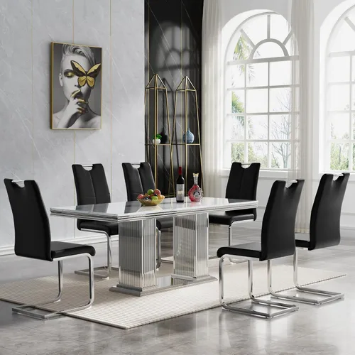 Miniatura 25 de Juego de mesa de comedor de 5 piezas, moderno juego de mesa de comedor para 4, 70 pulgadas, juego de mesa de comedor de mármol sintético blanco