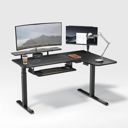 EUREKA ERGONOMIC Escritorio eléctrico de pie en forma de L de 55 pulgadas, escritorio para juegos de computadora de altura ajustable con bandeja