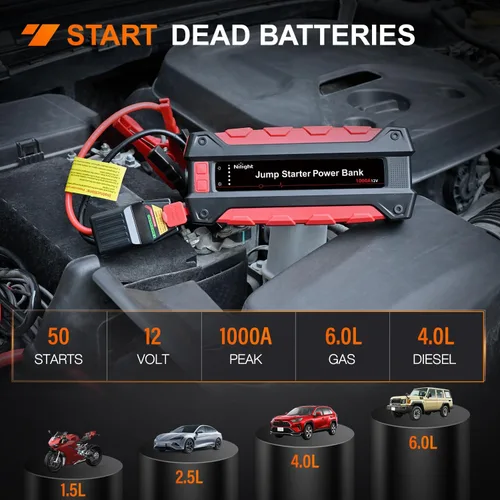 Miniatura 2 de Nilight Arrancador de Batería de Coche de 1000A para Motores de Gasolina de hasta 6.0L y Diésel de 4.0L de 12V Paquete Amplificador de Arranque