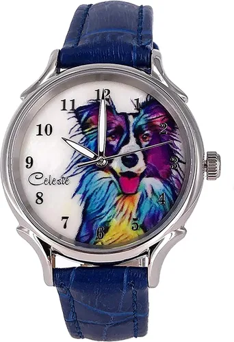 Celeste Border Collie Dog Pet Reloj de cuarzo suizo Multicolor 1.378in Madre Perla Arco iris Art Dial Azul Correa de piel de becerro