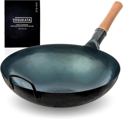 YOSUKATA 14” Sartén Wok de Fondo Redondo de Acero al Carbono – Azul, Wok Pow Pre-Curado para Sofrito, Barbacoa y Camping – Utensilios de Cocina