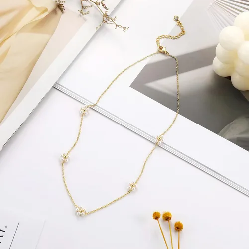 Miniatura 6 de Tewiky Collares de perlas para mujer, collar de oro delicado chapado en oro de 14 quilates, collar de perlas simples para mujer, collar de oro lindo