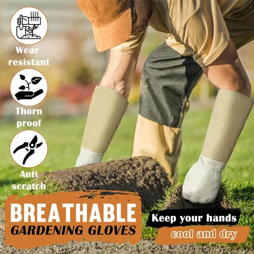 Miniatura 5 de HANDLANDY Guantes de poda largos para hombres y mujeres, de piel de cerdo, guantes de jardinería de rosas, guantes transpirables y duraderos Beige