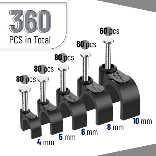 Miniatura 2 de Bates - Clips de cable con clavos de acero, 360 piezas, negro, 0.157 in, 0.197 in, 0.236 in, 0.315 in, 0.394 in, clips de cable para cables