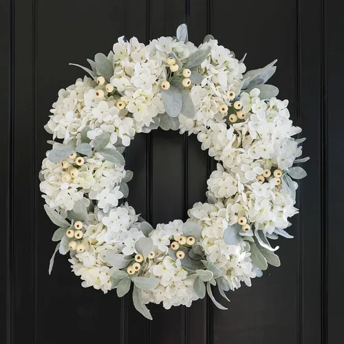 Corona de hortensia crema Hometrance para puerta delantera exterior, 16 pulgadas decoraciones de boda con hortensia, hojas de oreja de cordero para