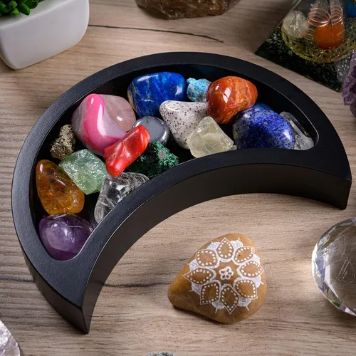 Miniatura 8 de Bandeja de luna creciente – Muestra tus gemas, piedras curativas y tesoros – Bandeja de exhibición de cristal de madera de 6 x 3 pulgadas, soporte