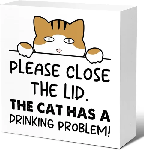 Miniatura 16 de LVQHI Divertidos carteles de madera para baño, decoración de escritorio de baño, decoración de escritorio de baño, cierre la tapa, el gato tiene un