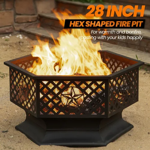 Miniatura 3 de Panovue Fogata Hexagonal de 28 Pulgadas, Fogatas de Leña para Exteriores con Pantalla Contra Chispas y Atizador, Fogata Hexagonal de Metal