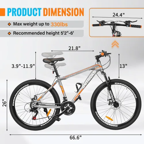 Miniatura 5 de Outroad - Bicicleta de montaña de 26 pulgadas, 7/21 velocidades/acero de alto carbono/marco de grado de aviación, freno de disco dual/V, bicicleta