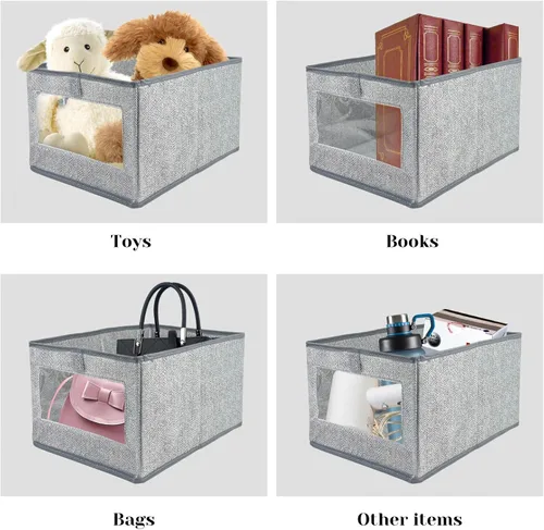 Miniatura 4 de 6 contenedores de almacenamiento de lino con ventana transparente, cesta para estantes, organizador de ropa, contenedores de almacenamiento
