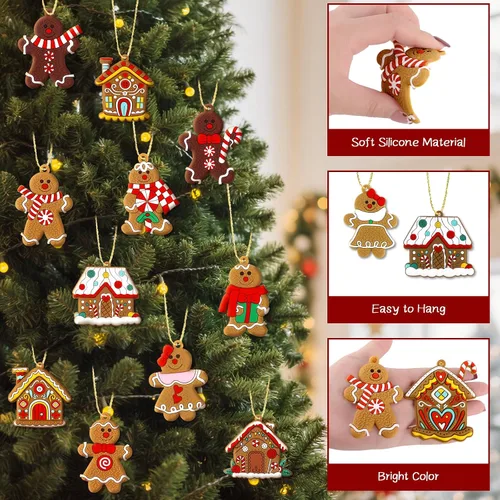 Miniatura 3 de 16 piezas de adornos de hombre de jengibre para árbol de Navidad, decoraciones navideñas de pan de jengibre con adorno de casa de pan de jengibre