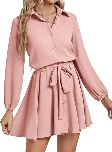 Umenlele Minivestido tipo camisa corta con botones y manga larga con cinturón para mujer
