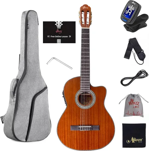 Miniatura 7 de WINZZ Guitarra clásica 4/4, guitarra de cuerda de nailon de tamaño completo de 39 pulgadas para adultos principiantes, kit completo de guitarra