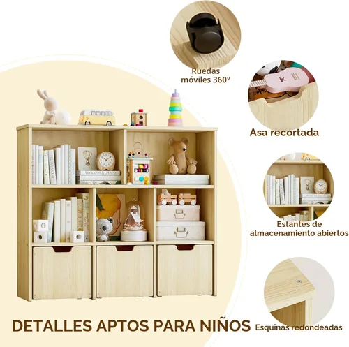Miniatura 6 de EXPERLAM Organizador de almacenamiento de juguetes de madera de pino macizo, estantería para niños y organizador de juguetes con 3 cajones rodantes