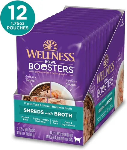 Miniatura 2 de Wellness Bowl Boosters Shreds with Caldo Wet Cat Food Topper, sin granos, natural, receta de atún en hojuelas y camarones, 1.75 onzas, paquete de 12