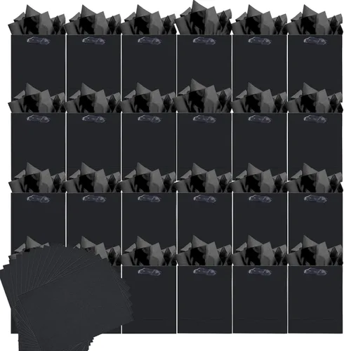 Miniatura 9 de qiqee 24 bolsas de regalo negras con papel de seda para bodas, cumpleaños, suministros de fiesta, bolsas de regalo de cartón de tamaño mediano