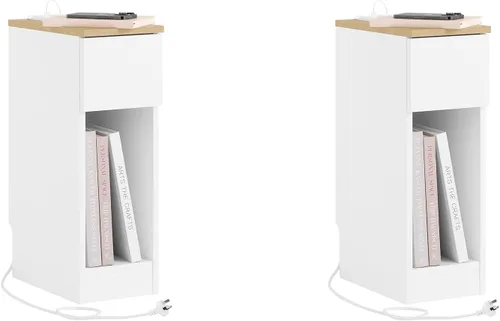Miniatura 10 de SoBuy Mesita de noche estrecha con estación de carga, mesita de noche delgada con cajones, puertos USB y tipo C para dormitorio y sala de estar