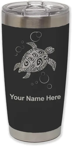 LaserGram Vaso aislado al vacío de 20 onzas, tortuga marina hawaiana, grabado personalizado incluido (negro)