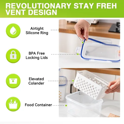 Miniatura 4 de Paquete de 3 recipientes de almacenamiento de frutas para refrigerador, recipientes herméticos de almacenamiento de alimentos con colador extraíble