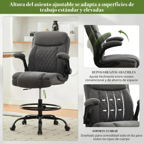 Miniatura 7 de Silla de dibujo alta para escritorio de pie, silla de escritorio alta ergonómica con anillo de pie ajustable, reposabrazos abatibles, soporte Gris
