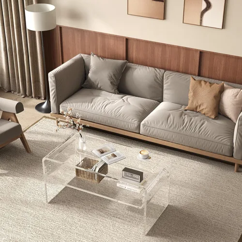 Miniatura 5 de Mesa auxiliar acrílica de 2 niveles, mesa auxiliar con estante de almacenamiento, mesa central moderna para sala de estar, oficina, dormitorio