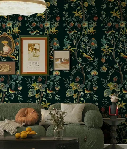 Miniatura 7 de Toduso Papel tapiz para despegar y pegar, papel tapiz floral vintage, papel de contacto con flores verdes, pájaros, árbol, papel de contacto