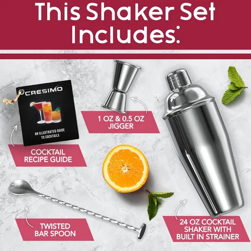 Miniatura 3 de Vaso medidor de acero inoxidable coctelera para Martini Cresimo, 24 onzas y con libro virtual de recetas para cóctel (4 piezas).