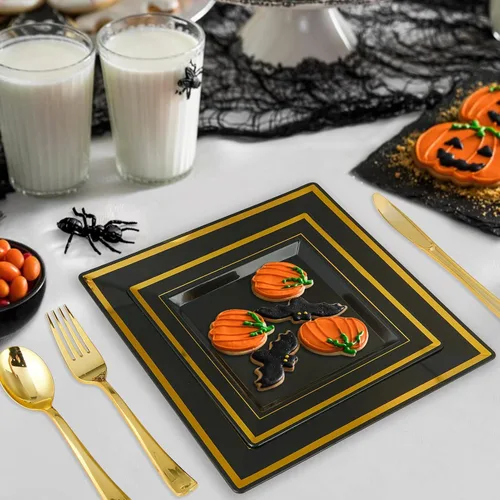 Miniatura 7 de JOLLY CHEF 125 piezas de platos cuadrados de plástico negro y dorado, incluyendo 25 desechables para cena, 25 para postre, 25 cuchillos, 25