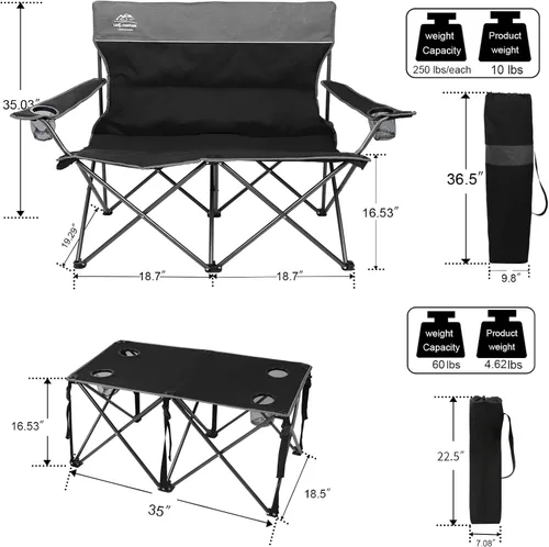 Miniatura 3 de Juego de 4 sillas de campamento de gran tamaño con mesa, silla de césped plegable para exteriores, soporte para tazas, portátil, silla de sofá Negro