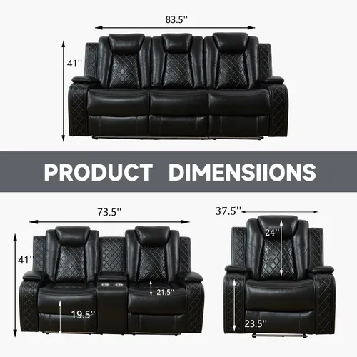 Miniatura 2 de Juego de sofá reclinable eléctrico, juego de sofá reclinable de cuero con luz LED y portavasos, juego de muebles reclinables de cuero eléctrico