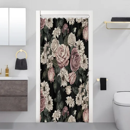 Cortina de ducha floral negra, 36 x 72 pulgadas, decoración de baño gótica caprichosa, patrón botánico bohemio de rosa rosa, estilo vintage oscuro