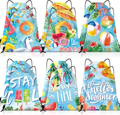 Miniatura 7 de Kacctyen 12 bolsas con cordón para piscina, playa, mochila con cordón de verano, bolsa de cumpleaños, decoración de fiesta de piscina (clásica)