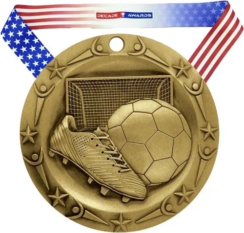 Miniatura 3 de Decade Awards Medalla de fútbol de clase mundial – Medallón de fútbol de 3 pulgadas de ancho con estrellas y rayas con cinta de cuello en V