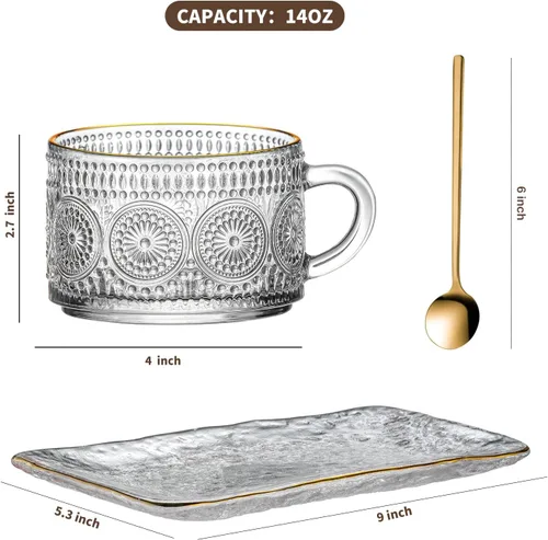 Miniatura 2 de Gezzeny Juego de tazas de café vintage, juego de tazas de vidrio con platillo y cuchara, plato transparente en relieve para té, desayuno y postre