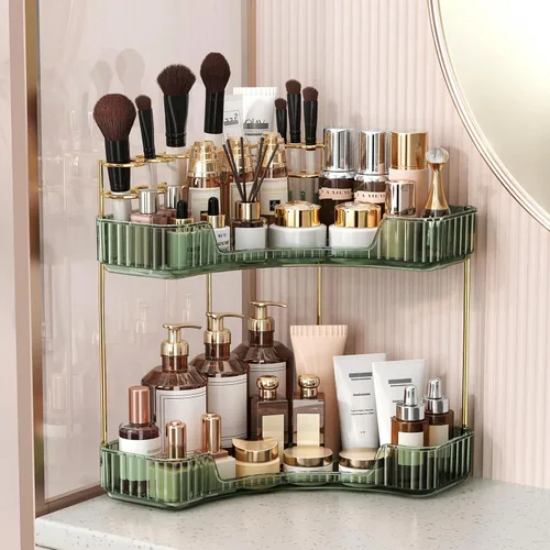Miniatura 10 de BEFSOP Organizador de esquina para mostrador de baño, organizador de maquillaje mejorado de 2 niveles con soporte para brochas de maquillaje