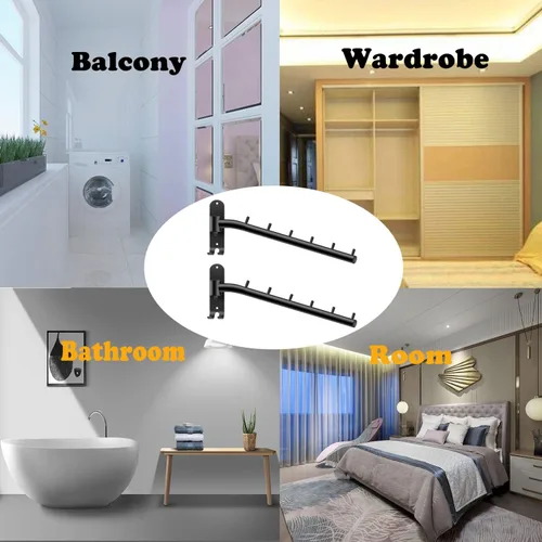 Miniatura 7 de Bosszi Paquete de 2 percheros plegables montados en la pared, ganchos de ropa de acero inoxidable con soporte para brazo oscilante, sistema colgante