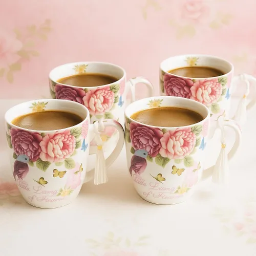 Miniatura 3 de London Boutique Juego de tazas de café de té, 4 porcelana, pájaro, rosa, mariposa, diseño Shabby Chic en caja de regalo, 11 oz
